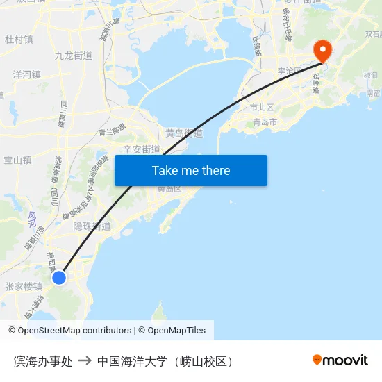 滨海办事处 to 中国海洋大学（崂山校区） map