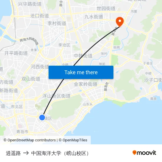 逍遥路 to 中国海洋大学（崂山校区） map