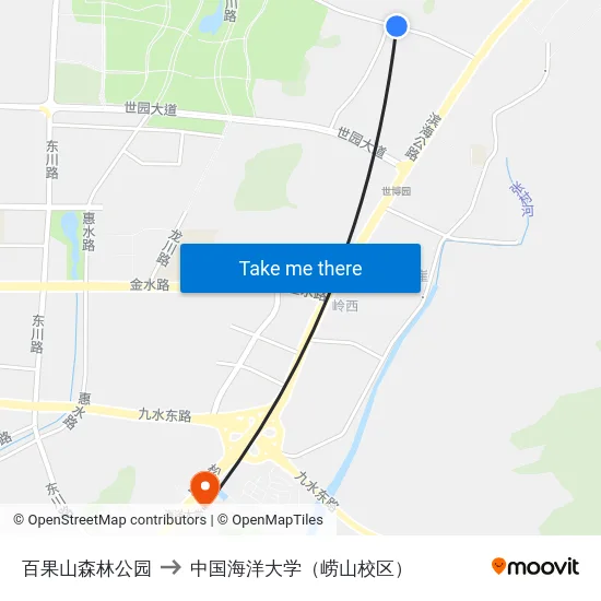 百果山森林公园 to 中国海洋大学（崂山校区） map