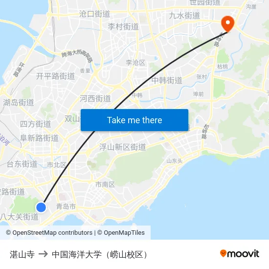 湛山寺 to 中国海洋大学（崂山校区） map