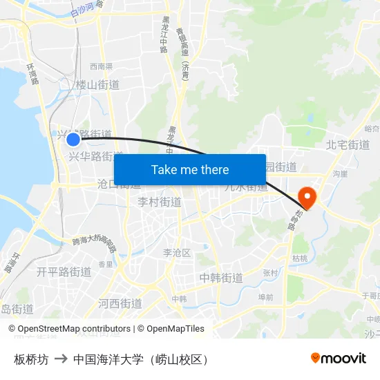 板桥坊 to 中国海洋大学（崂山校区） map