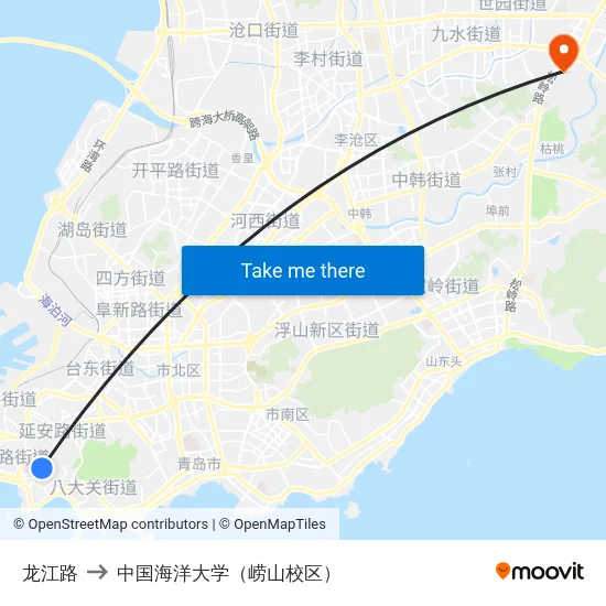 龙江路 to 中国海洋大学（崂山校区） map