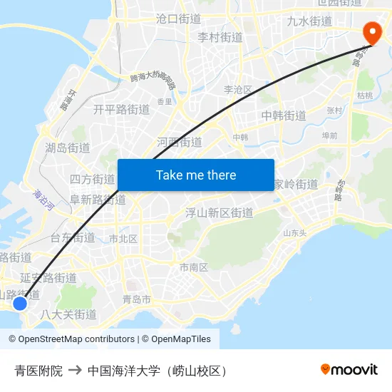 青医附院 to 中国海洋大学（崂山校区） map