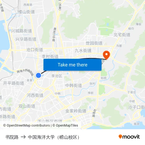 书院路 to 中国海洋大学（崂山校区） map