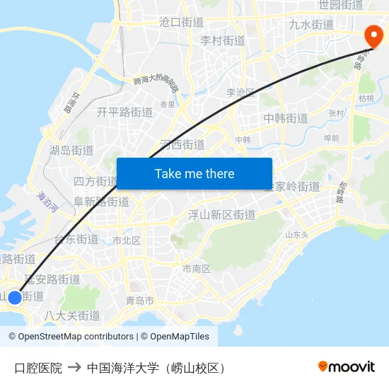 口腔医院 to 中国海洋大学（崂山校区） map