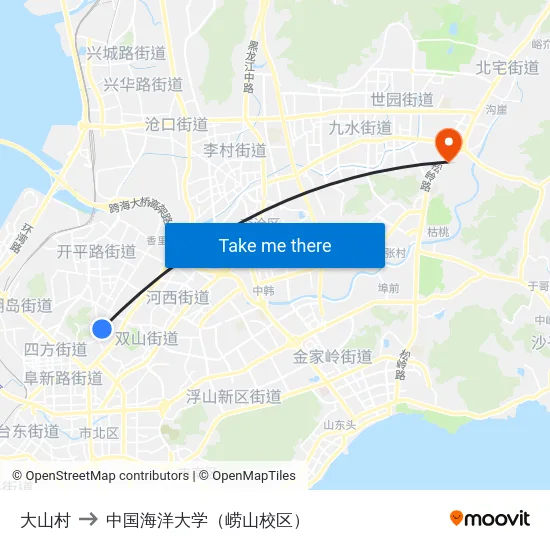 大山村 to 中国海洋大学（崂山校区） map