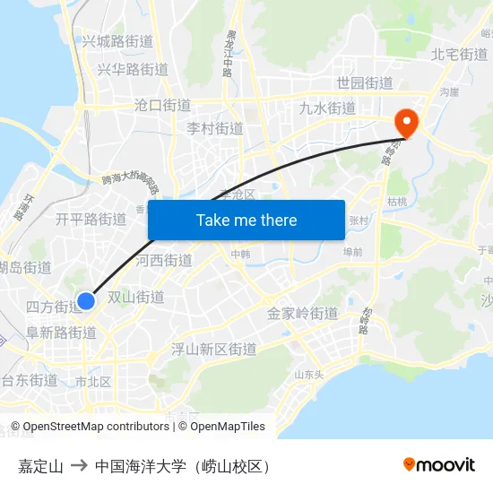 嘉定山 to 中国海洋大学（崂山校区） map