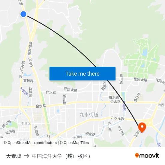 天泰城 to 中国海洋大学（崂山校区） map