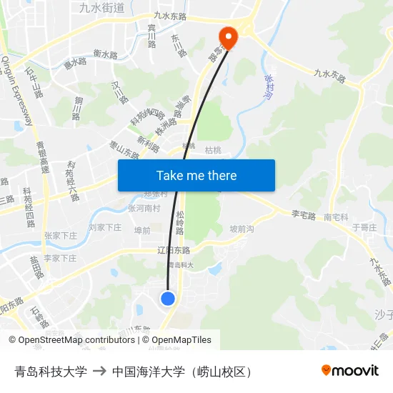 青岛科技大学 to 中国海洋大学（崂山校区） map
