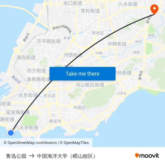 鲁迅公园 to 中国海洋大学（崂山校区） map