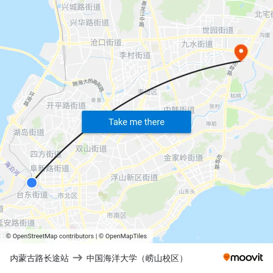 内蒙古路长途站 to 中国海洋大学（崂山校区） map