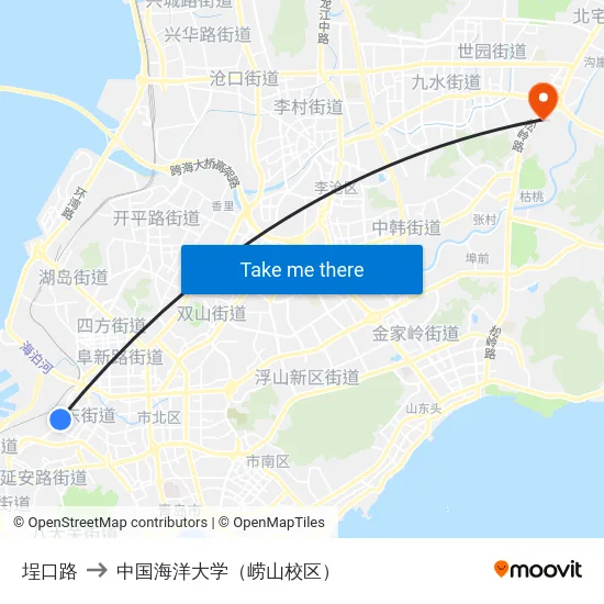 埕口路 to 中国海洋大学（崂山校区） map