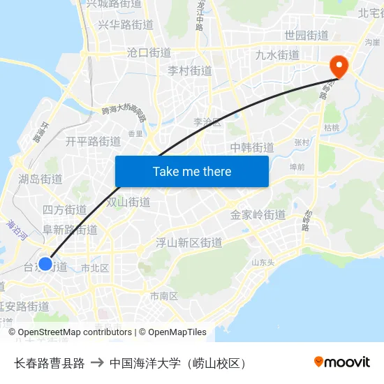 长春路曹县路 to 中国海洋大学（崂山校区） map