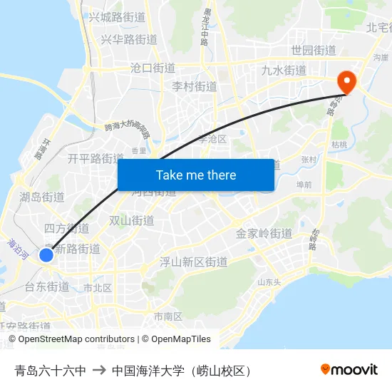 青岛六十六中 to 中国海洋大学（崂山校区） map