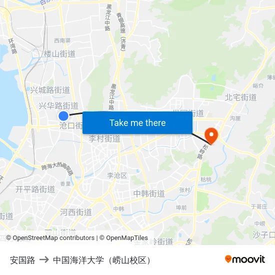 安国路 to 中国海洋大学（崂山校区） map