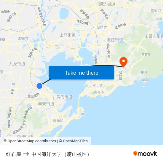 红石崖 to 中国海洋大学（崂山校区） map