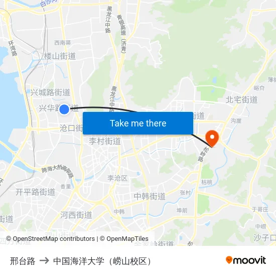 邢台路 to 中国海洋大学（崂山校区） map