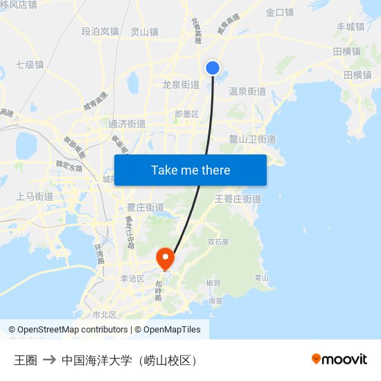 王圈 to 中国海洋大学（崂山校区） map