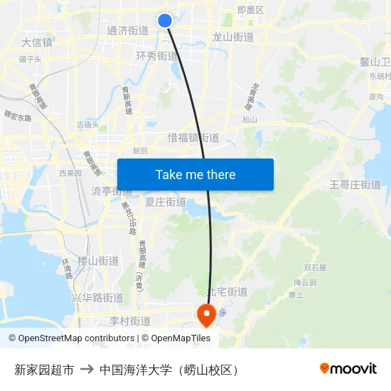 新家园超市 to 中国海洋大学（崂山校区） map