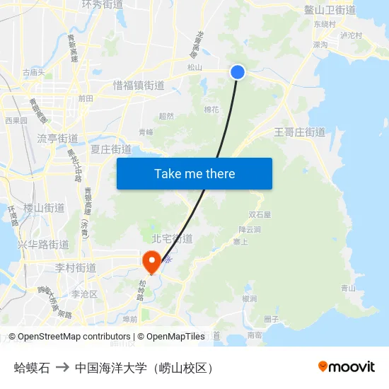 蛤蟆石 to 中国海洋大学（崂山校区） map
