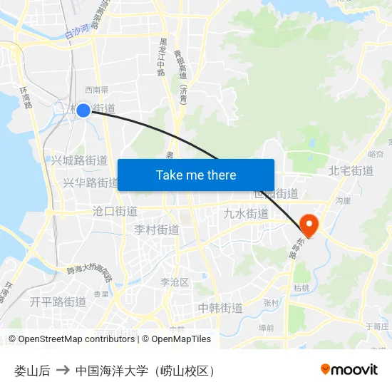 娄山后 to 中国海洋大学（崂山校区） map