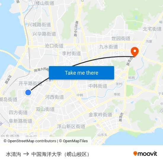 水清沟 to 中国海洋大学（崂山校区） map