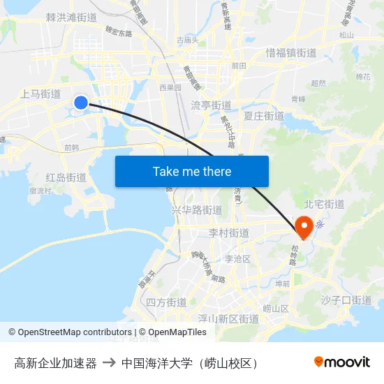 高新企业加速器 to 中国海洋大学（崂山校区） map