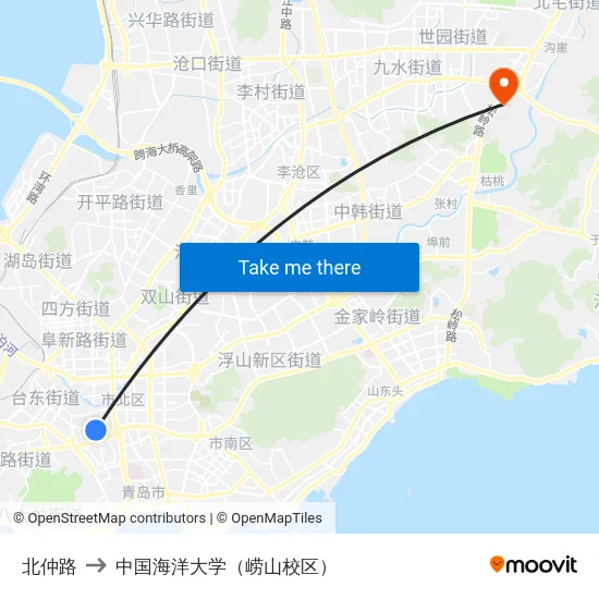 北仲路 to 中国海洋大学（崂山校区） map