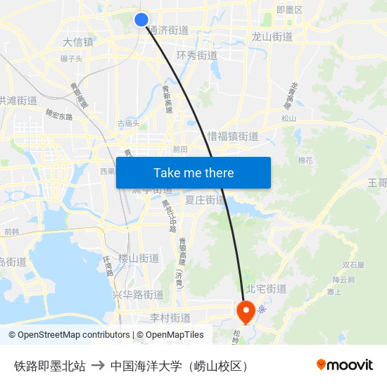 铁路即墨北站 to 中国海洋大学（崂山校区） map