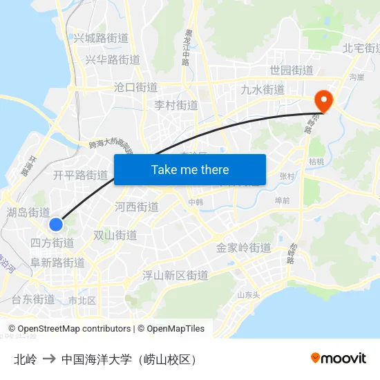 北岭 to 中国海洋大学（崂山校区） map