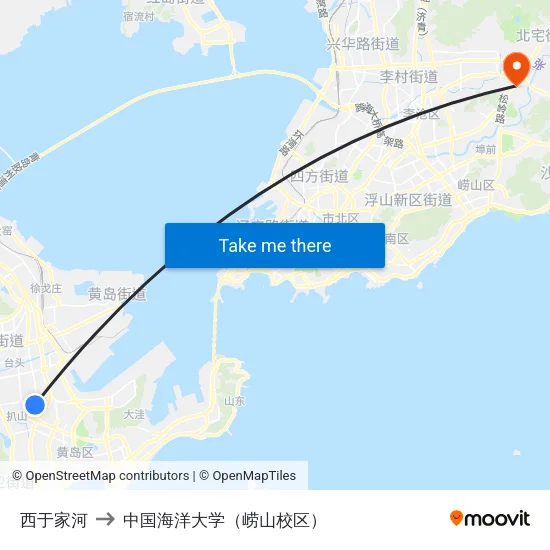 西于家河 to 中国海洋大学（崂山校区） map