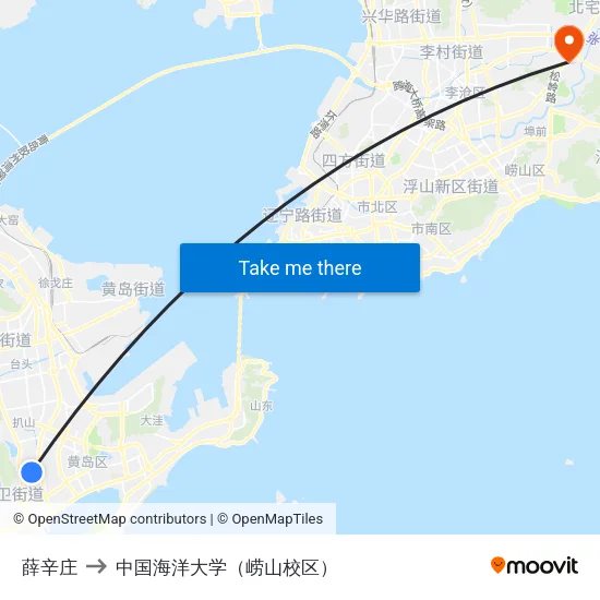 薛辛庄 to 中国海洋大学（崂山校区） map