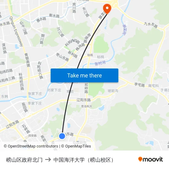 崂山区政府北门 to 中国海洋大学（崂山校区） map