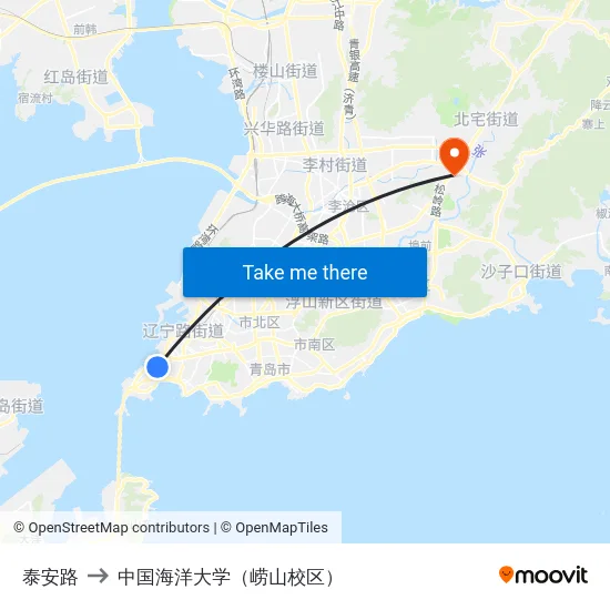 泰安路 to 中国海洋大学（崂山校区） map