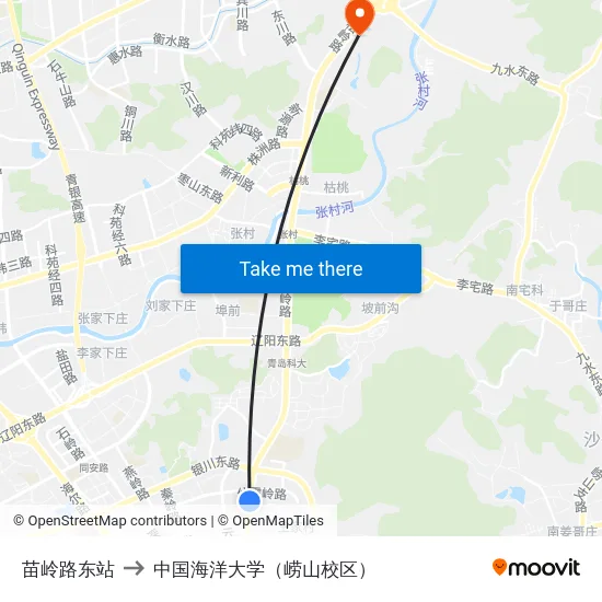 苗岭路东站 to 中国海洋大学（崂山校区） map