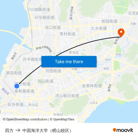 四方 to 中国海洋大学（崂山校区） map