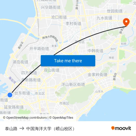 泰山路 to 中国海洋大学（崂山校区） map