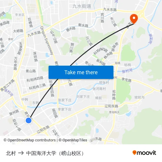 北村 to 中国海洋大学（崂山校区） map