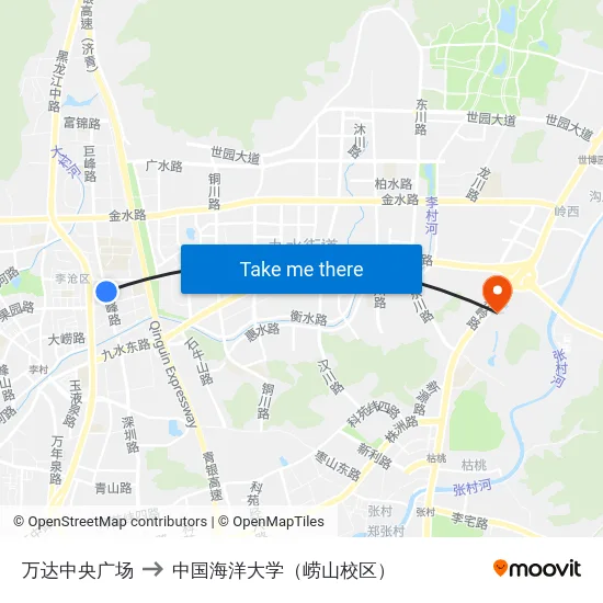 万达中央广场 to 中国海洋大学（崂山校区） map