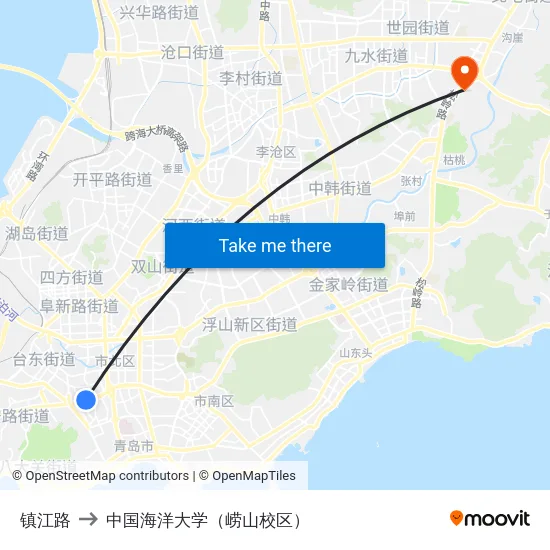镇江路 to 中国海洋大学（崂山校区） map