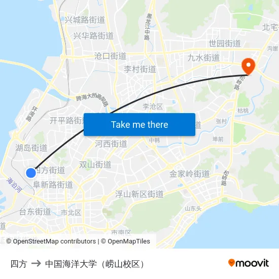四方 to 中国海洋大学（崂山校区） map