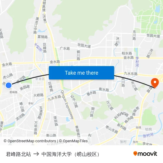 君峰路北站 to 中国海洋大学（崂山校区） map