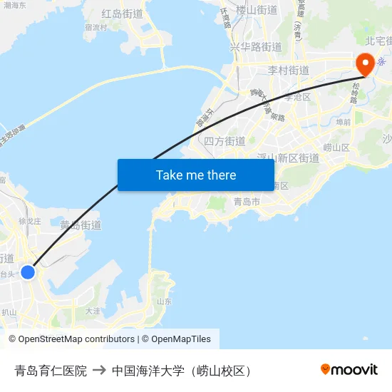 青岛育仁医院 to 中国海洋大学（崂山校区） map