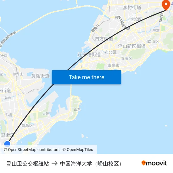 灵山卫公交枢纽站 to 中国海洋大学（崂山校区） map