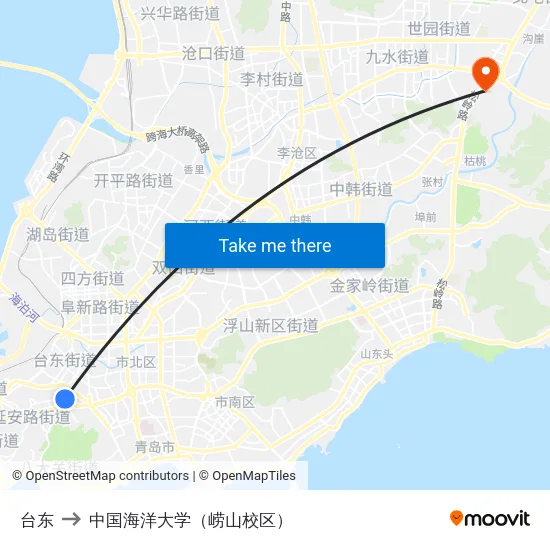 台东 to 中国海洋大学（崂山校区） map