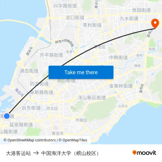 大港客运站 to 中国海洋大学（崂山校区） map