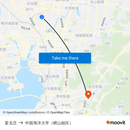 姜戈庄 to 中国海洋大学（崂山校区） map