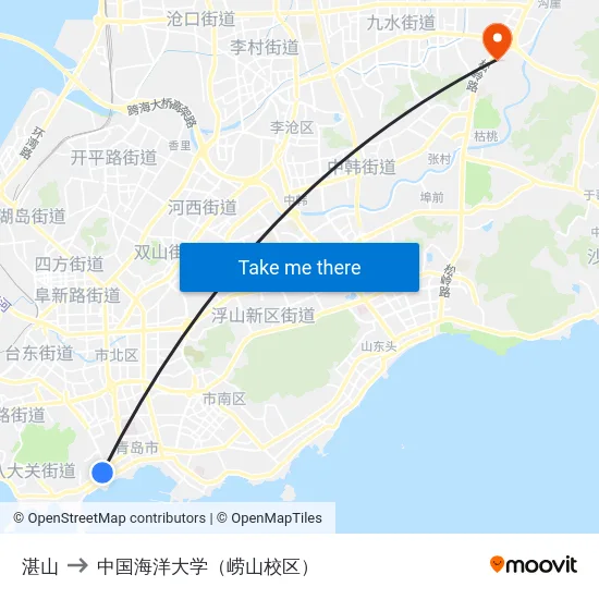 湛山 to 中国海洋大学（崂山校区） map