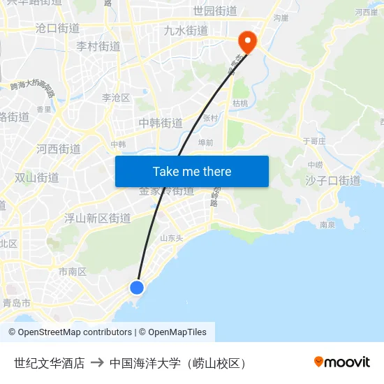 世纪文华酒店 to 中国海洋大学（崂山校区） map
