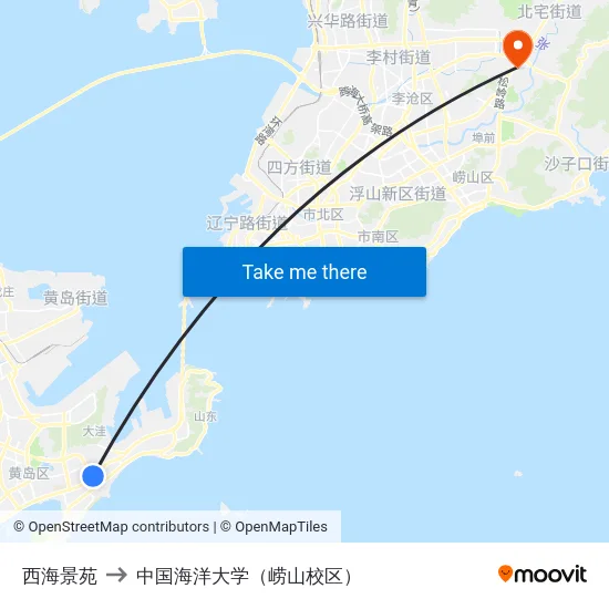西海景苑 to 中国海洋大学（崂山校区） map
